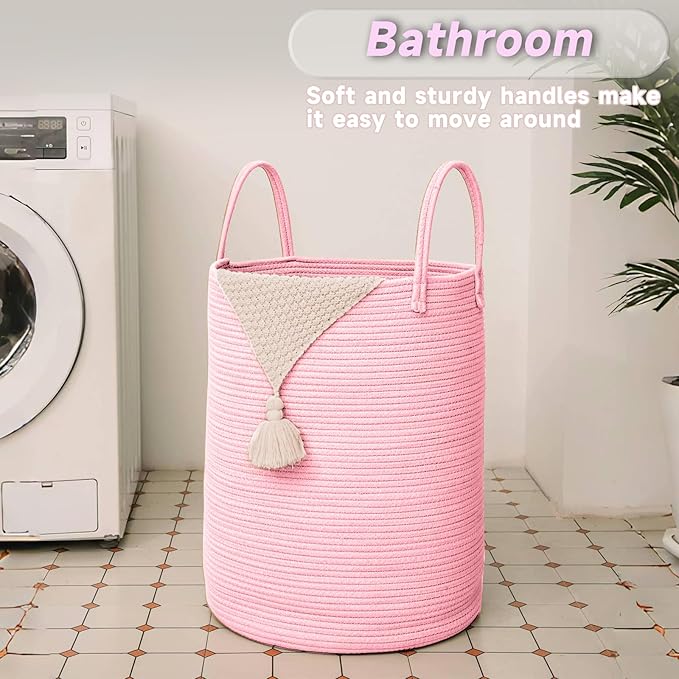 Large Woven Laundry Basket Hamper,80L Cotton Rope Storage Bin for Blankets,Toys and Clothes,Decorative Tall Nursery Hamper for Living Room,Baby Nursery,Bathroom and Bedroom,Pink-Ruum Studio Home