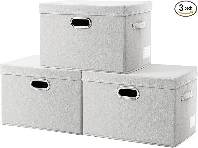PRANDOM Large Collapsible Storage Bins with Lids [3-Pack] Fabric Foldable Storage Boxes Organizer Containers Baskets Cube with Cover for Home Bedroom Closet Office Beige(17.3x11.8x11.8)-Ruum Studio Home