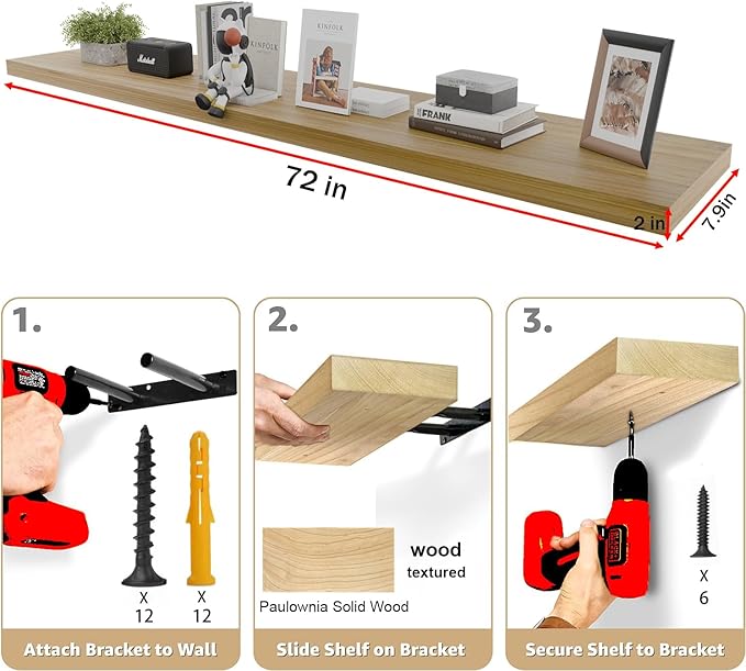 IAE Floating Wall Shelves 72 inch,Bathroom Shelves Wall Mounted,Invisible Shelves Floating Kitchen Shelves,Wooden Wall Shelves with Brackets for Living Room Wall Mounted,Easy Install,Set of 2,Natural-Ruum Studio Home