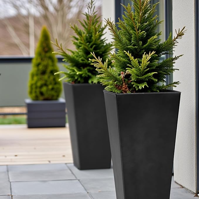 WORTH Garden Large Metal Glazed Planter Set of 2 (25" + 28"), Luxurious Glossy Finish Black Tall Square Tapered Steel Plant Pot, Decor Flower Pot Indoor & Outdoor, Drainage Hole & Dual-Purpose Saucer-Ruum Studio Home