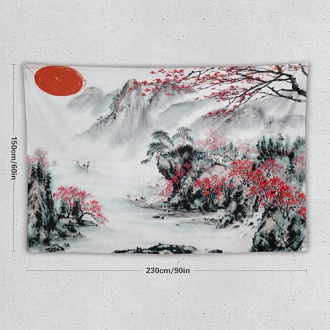 Cherry Blossoms Tapestry,Japanese Red Landscape Asian Watercolor Abstract Art Tapestry, Asian Japanese Wall Tapestry, Nature Landscape Tapestries for Bedroom Living Room Decor 90"x60"-Ruum Studio Home