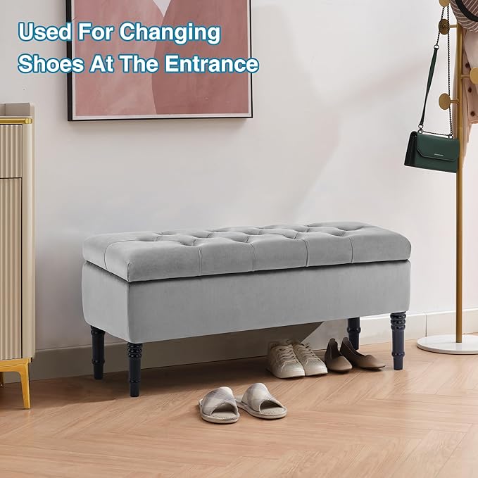 Ottoman with Storage Velvet Storage Bench Holds Up to 500 lbs Ottomans Upholstered Bench with Seating for Bedroom, Living Room, Grey-Ruum Studio Home