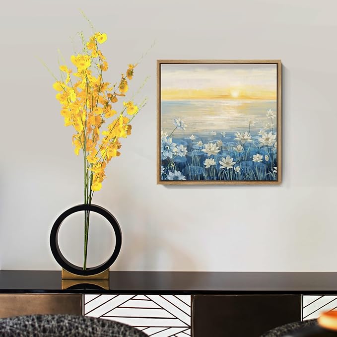 Bathroom Decor Wall Art-Framed Canvas Wall Art Modern Beach Coastal Floral Sunset Boho Ocean Artwork Blue Yellow Lotus Flower Zen Wall Picture for Bedroom Kitchen Office Small-Ruum Studio Home