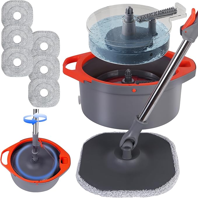 Spin Mop and Bucket with Separate Dirty and Clean Water,360° Spin Mop and Bucket System with Widening Foldable Handle,6 Replaceable Mop Pads,Square Mop for Floor Hardwood Tile Marble Wall Cleaning-Ruum Studio Home