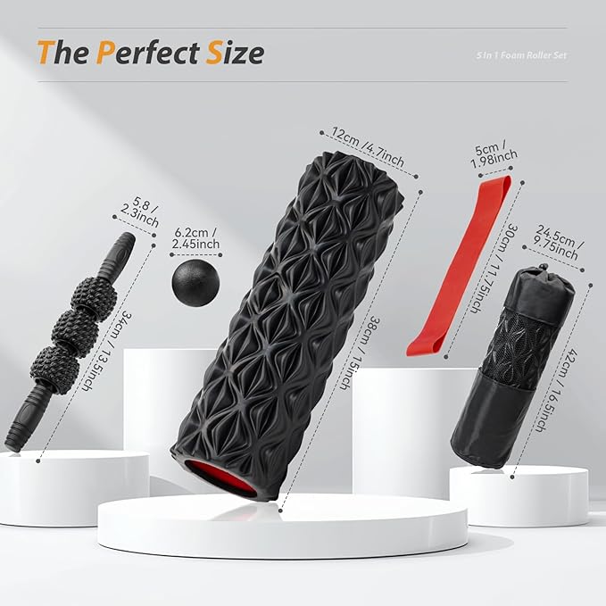5 in1 Foam Roller Set, Trigger Point Foam Roller, Massage Roller Stick, Massage Ball, Resistance Band for Deep Muscle Massage Pilates Yoga,Fitness Exercise for Whole Body (Pure Black)-Ruum Studio Home
