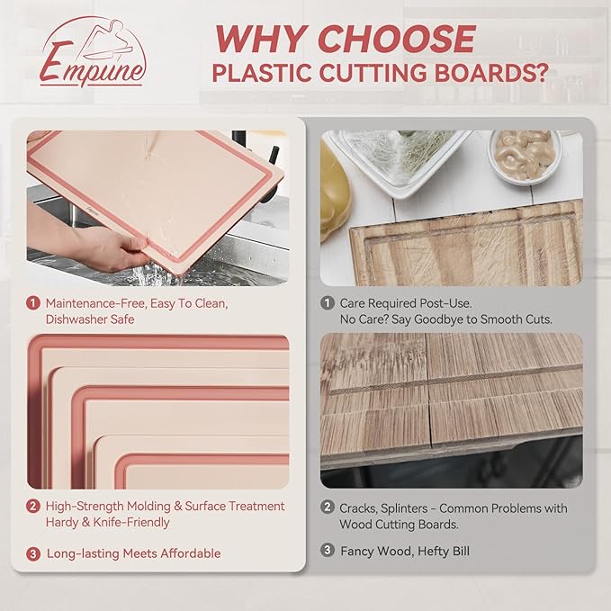 Empune Plastic Cutting Board Set, Recycled Plastic Cutting Boards for Kitchen (Set of 3), Dishwasher Safe Large Chopping Board with Holder, Non-slip Feet and Juice Grooves, Nonporous, Pink-Ruum Studio Home