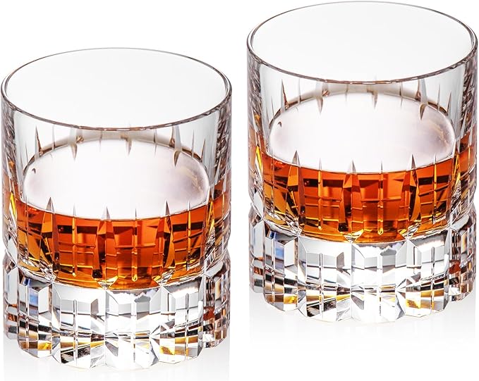 KAMMAK Crystal Whiskey Glasses Set of 2, Luxury 7.78oz Old Fashioned Glasses Stemless, Hand Blown Cocktail Glasses, Handcrafted Engraved Scotch Cup for Women, Men Gift for Bourbon Barware-Ruum Studio Home