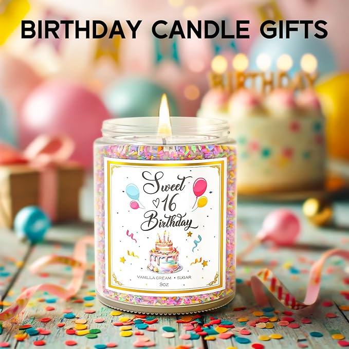 Sweet 16 Birthday Candles for Women - 9 oz Happy Birthday Candle with Vanilla Birthday Cake Scent, Gifts for Women & Men, Friendship Ideas-Ruum Studio Home