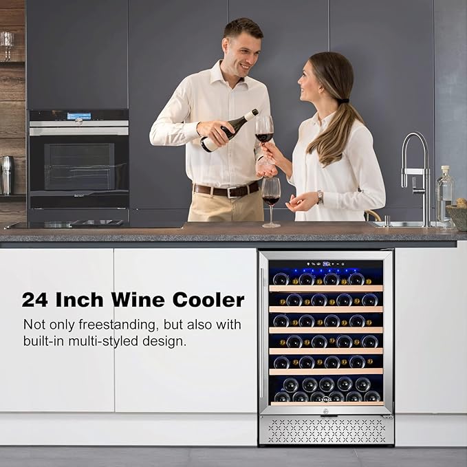 Tylza 24 Inch Wine Cooler Refrigerator, 51 Bottle Built-in or Freestanding, 24'' Fridge with Stainless Steel & Double Layer Tempered Glass Door and Temperature Memory Function-Ruum Studio Home