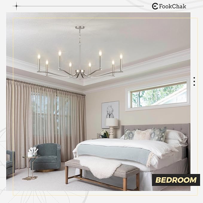Nickel Chandeliers for Dining Room, 8-Light Chandelier Light Fixture Over Table Modern Candle Chandelier 44in Master Bedroom Chandeliers Lighting for Entry Foyer Bathtub Living Room-Ruum Studio Home