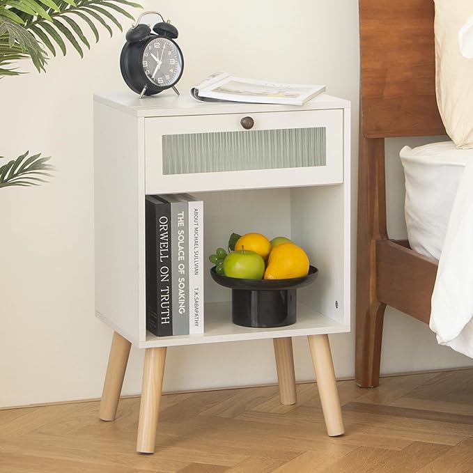 AWASEN White Night Stand, Modern Bedside Table with Glass Storage Drawer and Large Open Shelf, Wood Nightstand Side End Table with Solid Wood Legs for Bedroom, and Small Space, White-Ruum Studio Home