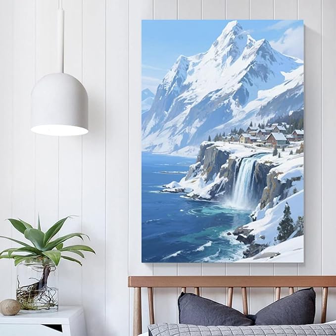 Winter lakeside town and snowy scenery merge together to form a landscape poster wall art suitable for living room bedroom and office-Ruum Studio Home