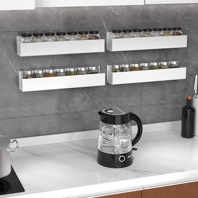 PMMASTO Adhesive Acrylic Spice Rack Organizer for Wall with Nano Double Sided Tape, Spice Shelf Organization for Kitchen Cabinet Door/Pantry Door, Wall Mount Seasoning Rack (White - 4 Pack)-Ruum Studio Home