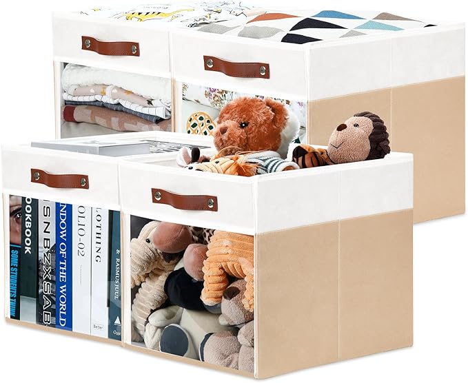 HNZIGE Fabirc Storage Cube Bins 13x13x15 Storage Cube Bins, 4 Pack Foldable Decorative Clear Cube Storage Bins for Cube Organizer Canvas Cubby Storage Organizer Bins for Shelves Pantry- White Beige-Ruum Studio Home