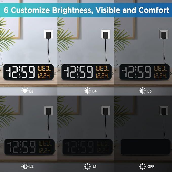 Peakeep Digital Alarm Clock Large Display for Bedrooms with Calendar, Auto DST, Desk Clock Electric Plug in for Living Room, Battery Backup, USB Port, 5 Dimmers-Ruum Studio Home
