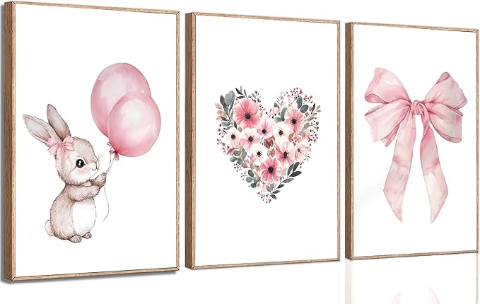 3Pcs Cute Bunny Canvas Wall Art Pink Bow Easter Poster Prints Love Wildflowers Picture Decoration for Nursery Girl Bedroom Children's Room Easter Gifts for Kids Unframed-Ruum Studio Home