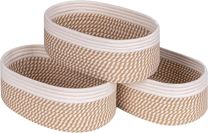 Shelf Storage Baskets for Organizing|Decorative Basket for Closet Storage|Toy Baskets&Bins|Small Woven Rope Baskets-13x8.66x5.11’’,Durable&Stylish,Oval 3 Packs Off White&Mixed Camel-Ruum Studio Home