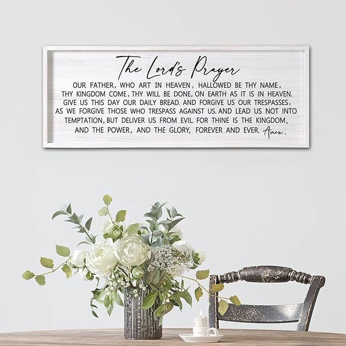 Our Father Prayer Bible Verse Framed Wall Art, 40''×15'' White Horizontal Religious Christian Lords Prayer Sign for God Jesus Christ Prayer, Rustic Holy Inspirational Catholic Scripture Decor-Ruum Studio Home