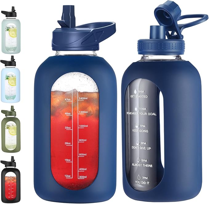 64 oz Glass Water Bottle With Straw and Handle, Half Gallon Sports Motivational Water Jug Flask with Silicone Sleeve, Large Water Cup with Time Marker for Travel, Gym, Navy-Ruum Studio Home