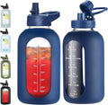 64 oz Glass Water Bottle With Straw and Handle, Half Gallon Sports Motivational Water Jug Flask with Silicone Sleeve, Large Water Cup with Time Marker for Travel, Gym, Navy-Ruum Studio Home