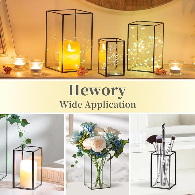 Glass Hurricane Candle Holder Large - Hewory 6pcs Black Rectangle Flower Holders Centerpiece for Table, Tall Floor Square Pillar Candle Lantern for Wedding, Anniversary, Party, Fireplace, Dining Room-Ruum Studio Home