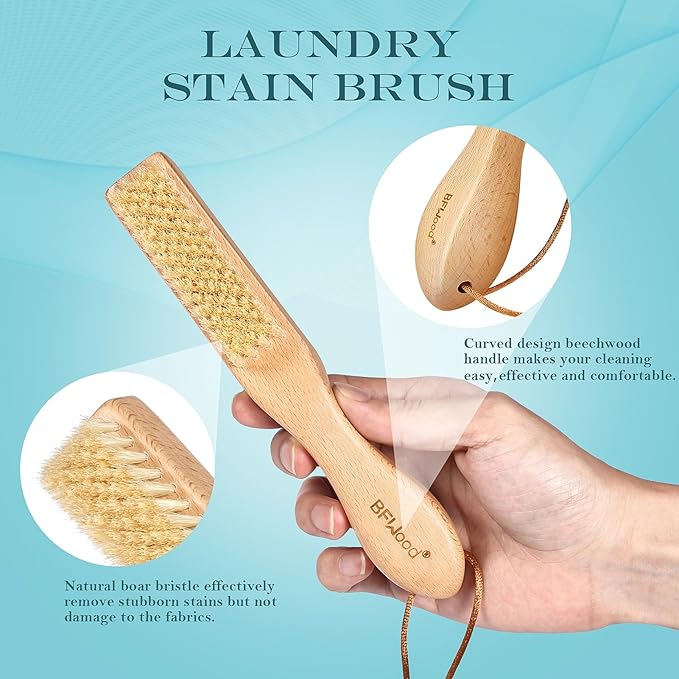 BFWood Laundry Stain Brush, Large Natural Soft Boar Bristles, Removes Tough Stains from Delicate Fabrics Like Knits, Cotton, and Linens, Gentle on Fabrics, No Damage-Ruum Studio Home