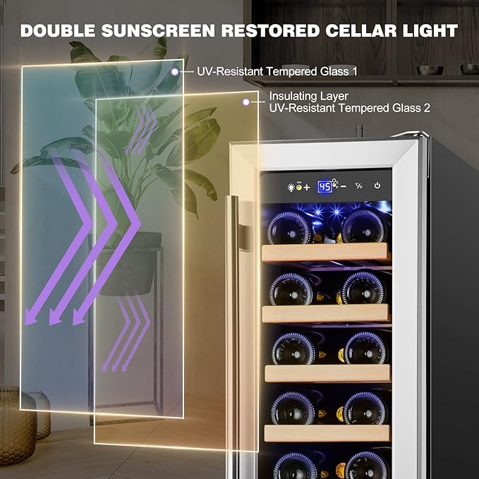 Tylza 12" Wine Cooler Refrigerator 18 Bottle Capacity, Compact Freezerless, Temperature Stability, Low Noise, Double-Layer Tempered Glass Door-Ruum Studio Home