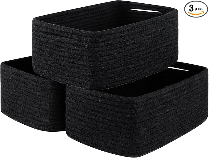 3 Pack Small Storage Baskets for Organizing, Cute Woven Decorative Gift Baskets for Shelves, Mini Closet Organizer Bins with Handles, 11.81''Lx7.87''Wx4.72''H-Black-Ruum Studio Home