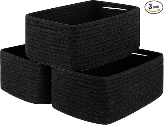 3 Pack Small Storage Baskets for Organizing, Cute Woven Decorative Gift Baskets for Shelves, Mini Closet Organizer Bins with Handles, 11.81''Lx7.87''Wx4.72''H-Black-Ruum Studio Home