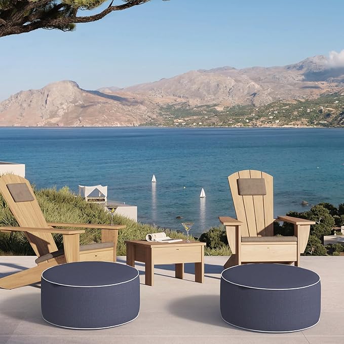 Inflatable Ottoman Stool D21 xH9 for Outdoor/Indoor Use, Water Repellent Patio Foot Rest Stool with Portable Handle,Round Pouf Ottoman Suitable for Garden,Deck and Camping - Textured Navy-Ruum Studio Home