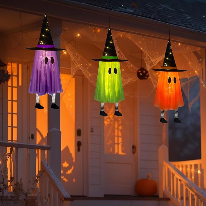 DAZONGE Halloween Decorations Outdoor, 3 Packs Hanging Ghost Halloween Decor with String Lights Battery Operated, Ghost Decor with with Hat for Home Yard Porch-Ruum Studio Home