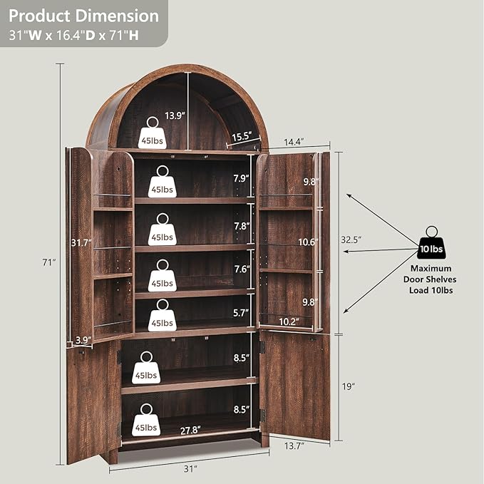 71" Tall Arched Bathroom Storage Cabinet, Modern Fluted Storage Cabinet w/Doors, 3 Adjustable Shelves, 6 Door Shelves, Wood Freestanding Cabinet for Bathroom, Entryway, Hallway, Brown-Ruum Studio Home