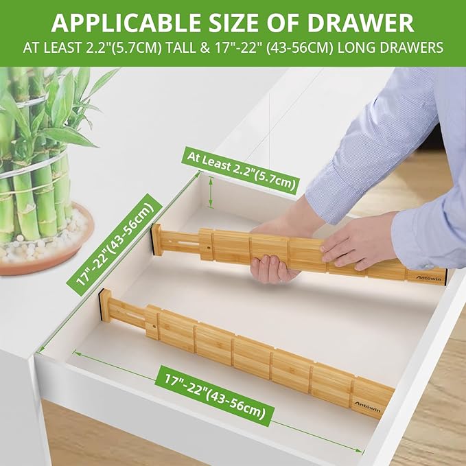 ANTOWIN 4 Pack Expandable Drawer Dividers, 2.2'' High, Extend from 17'' to 22'', Dresser Drawer Organizers, Bamboo Separators for Kitchen, Bedroom, Office, Bathroom, with 12 Pack Divider Inserts-Ruum Studio Home
