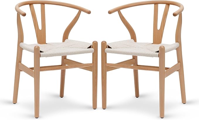 POLY & BARK Weave Dining Chairs – Mid-Century Modern Wishbone Dining Chairs with Arms, Solid Wood Frame, Indoor Use – Natural – Set of 2 - Ideal for Dining Room, Kitchen or Stylish Accent Setting-Ruum Studio Home