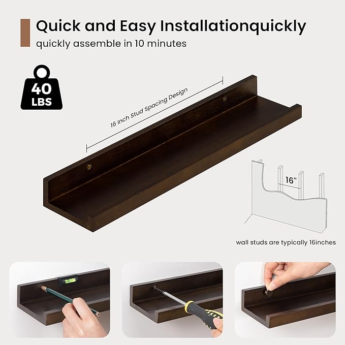 Picture Ledge Shelf, Solid Pine Wood Floating Shelves Set of 4, 16 Inches Nursery Book Shelves for Toys Storage, Kids Bookshelf Wall Mounted for Living Room Decor Photo Frames, Walnut-Ruum Studio Home