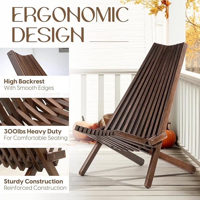 IDZO Elina FSC Eucalyptus Tamarack Chair, 300Lbs Capacity Modern Adirondack Style, Wooden Folding Seat, for Fire Pit Outdoor & Indoor - Cinnamon, Single-Ruum Studio Home