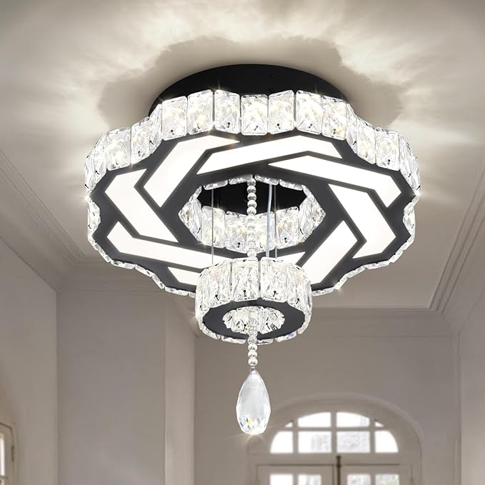 Flashing God 16 Inch Mini Chandelier Modern Crystal Chandeliers Light Semi Flush Mount Ceiling Light Fixture Small Black Chandelier for Bedroom Hallway Kitchen Foyer-Ruum Studio Home