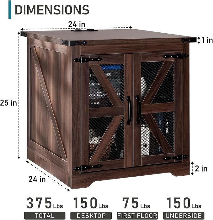 Farmhouse End Table, 24" Large Sofa Side Table with Charging Station, Mesh Barn Door, Rustic Wood Nightstand with Adjustable Storage Shelf, Square Nightstand for Living Room-Ruum Studio Home
