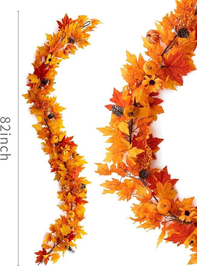MISSPIN Fall Decor - Fall Garland - 6FT Autumn Maples Leaf Garland for Autumn Decor Hanging Vine for Halloween Thanksgiving Decor Home Wedding Fireplace Party Christmas(Orange)-Ruum Studio Home