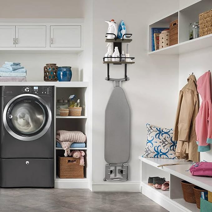 VINAEMO Ironing Board Hanger Wall Mount, 2-Layer Iron and Ironing Board Holder, Laundry Room Shelves Solid Wood with Removable Hooks Home Organization and Storage-Ruum Studio Home