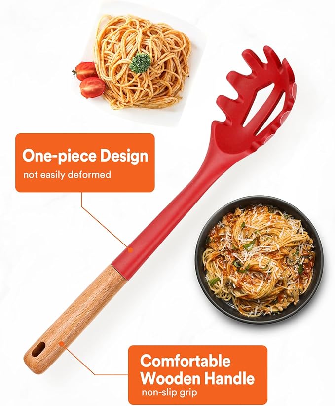Silicone Pasta Fork, Kitchen Heat Resistant Noodle Spoon Server, BPA Free Spaghetti Strainer,12.8 inch (RED)-Ruum Studio Home