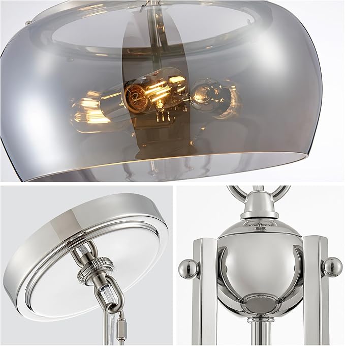 WUZUPS Nickel Chandelier Rustic Farmhouse Industrial Round Ceiling Pendant LED Light Fixture Electroplated Gray Glass Shade for Dining Room Kitchen Island Foyer Entryway, H 20.9" W 15.9", E26 Base-Ruum Studio Home