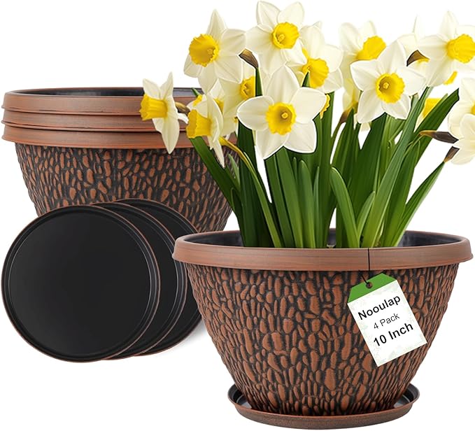 4 Pack 10 Inch Plant Pot, Flower Pots Outdoor with Drainage Hole & Tray, Thickened Plastic Planters for Indoor Outdoor Plants, Lightweight Modern Decorative Garden Pot with Saucer-Ruum Studio Home