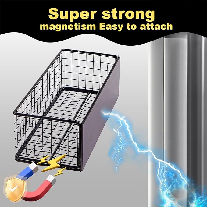 Magnetic Basket, Magnetic Shelf for Fridge, Magnetic Spice Rack Wire Mesh Magnetic organizer Holder Accessories for Office Kitchen Classroom Storage, Black-High, 9.44" x 4" x 3.14"-Ruum Studio Home