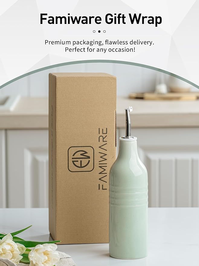 famiware Jupiter 16oz Ceramic Olive Oil Dispenser Bottle, 1 Piece Oil Dispenser for Kitchen with Stainless Steel Pourers, Suitable for Storage Vinegar, Soy Sauce, Coffee Syrup, Light Green-Ruum Studio Home