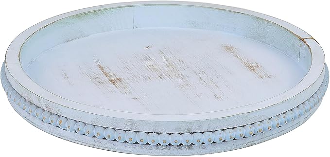 Round Wood Serving Tray with Beads, Blue Washed Wooden Decorative Tray for Entertaining, Decoration, and Gifting-Ruum Studio Home
