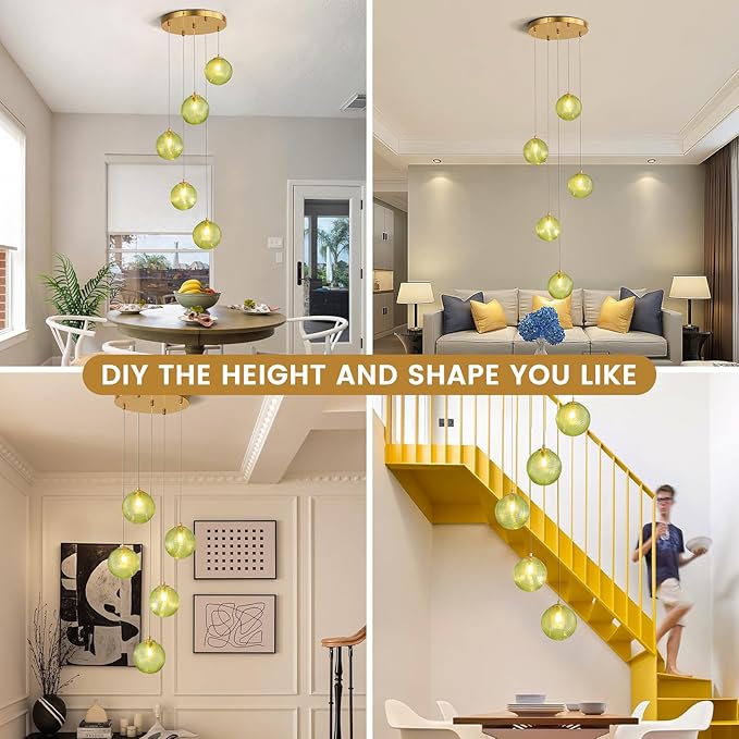 5-Light Chandelier, Globe Green Glass Flush Mount Pendant Light,15W Ceiling Hanging Light for Staircase Foyer Entryway Living Room Hotel Kitchen Island（3000K,G9 Bulbs Include）-Ruum Studio Home