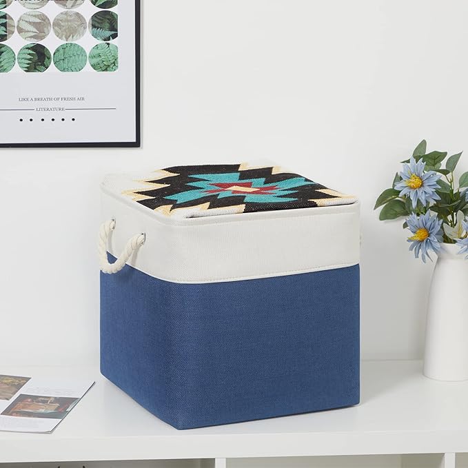 Bidtakay Storage Baskets Large Cube Storage Bins Fabric Baskets for Organizing Shelves 13x13 Navy Blue Square Storage Bins Large Set of 3 Linen Closet Organizers for Cabinet Home-Ruum Studio Home