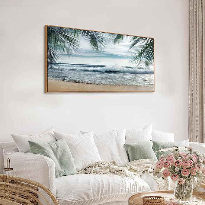 Framed Tropical Beach Wall Art - Ocean Waves Canvas Pictures Coastal Blue Sky and Sea Print Seaside Palm Tree Leaves Scene Painting Artwork Living Room Bedroom Office Home Decor 20" x 40"-Ruum Studio Home