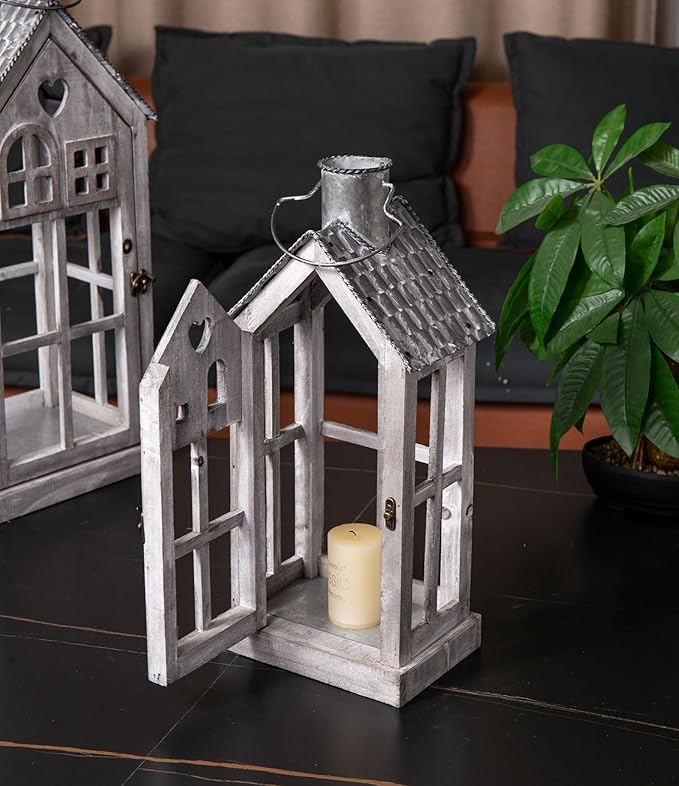 Large Farmhouse Wooden Metal Candle Lantern Set of 2, Rustic Decorative Floor Lanterns, Indoor/Outdoor Village Houses Lantern for Home Decor (No Glass)-Ruum Studio Home